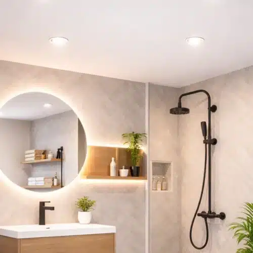 Plafond de salle de bain moderne avec 4 spots LED encastrés ronds, disposition symétrique respectant les distances aux murs et entre les spots selon la norme NF C 15-100, éclairage 4000K