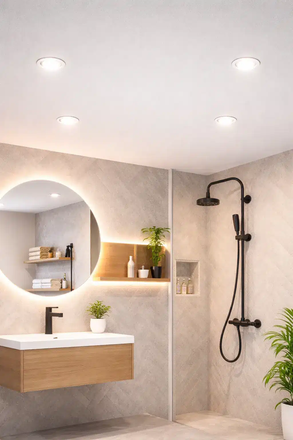 Plafond de salle de bain moderne avec 4 spots LED encastrés ronds, disposition symétrique respectant les distances aux murs et entre les spots selon la norme NF C 15-100, éclairage 4000K