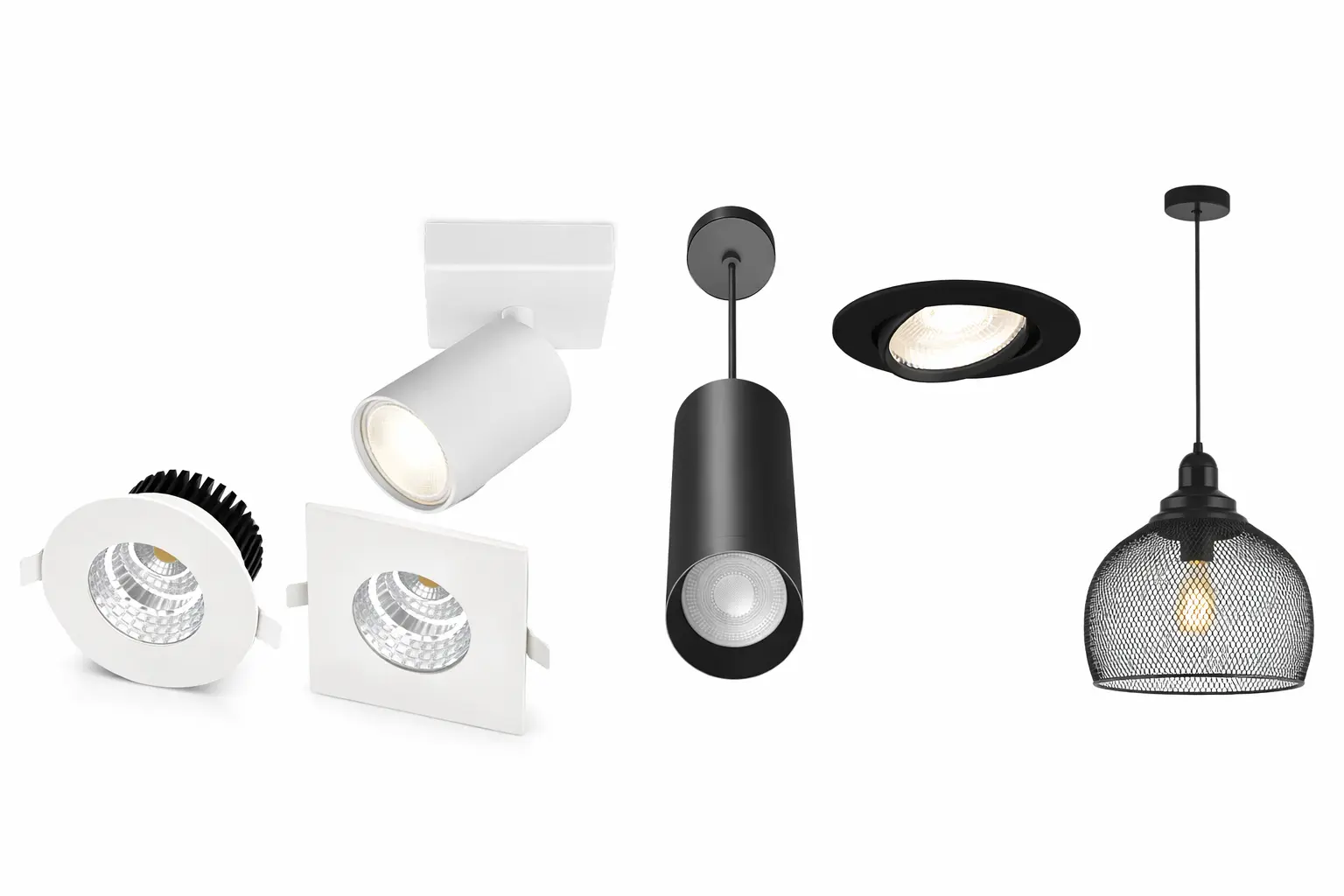 Présentation de différents luminaires LED : spots encastrables, spots en saillie et suspension décorative. Présentation de différents luminaires LED : spots encastrables, spots en saillie et suspension décorative.