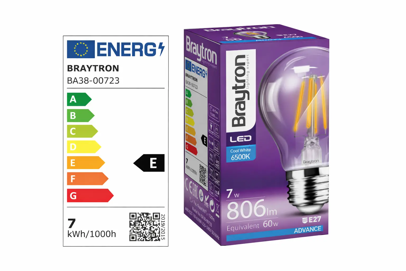 Présentation d’une ampoule LED Braytron avec son emballage et son étiquette énergétique européenne classée E. Présentation d’une ampoule LED Braytron avec son emballage et son étiquette énergétique européenne classée E.