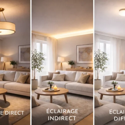 Salle de séjour moderne éclairée: lampe suspendue, éclairage indirect et diffuse, ambiance chaleureuse et conviviale, mobilier beige.