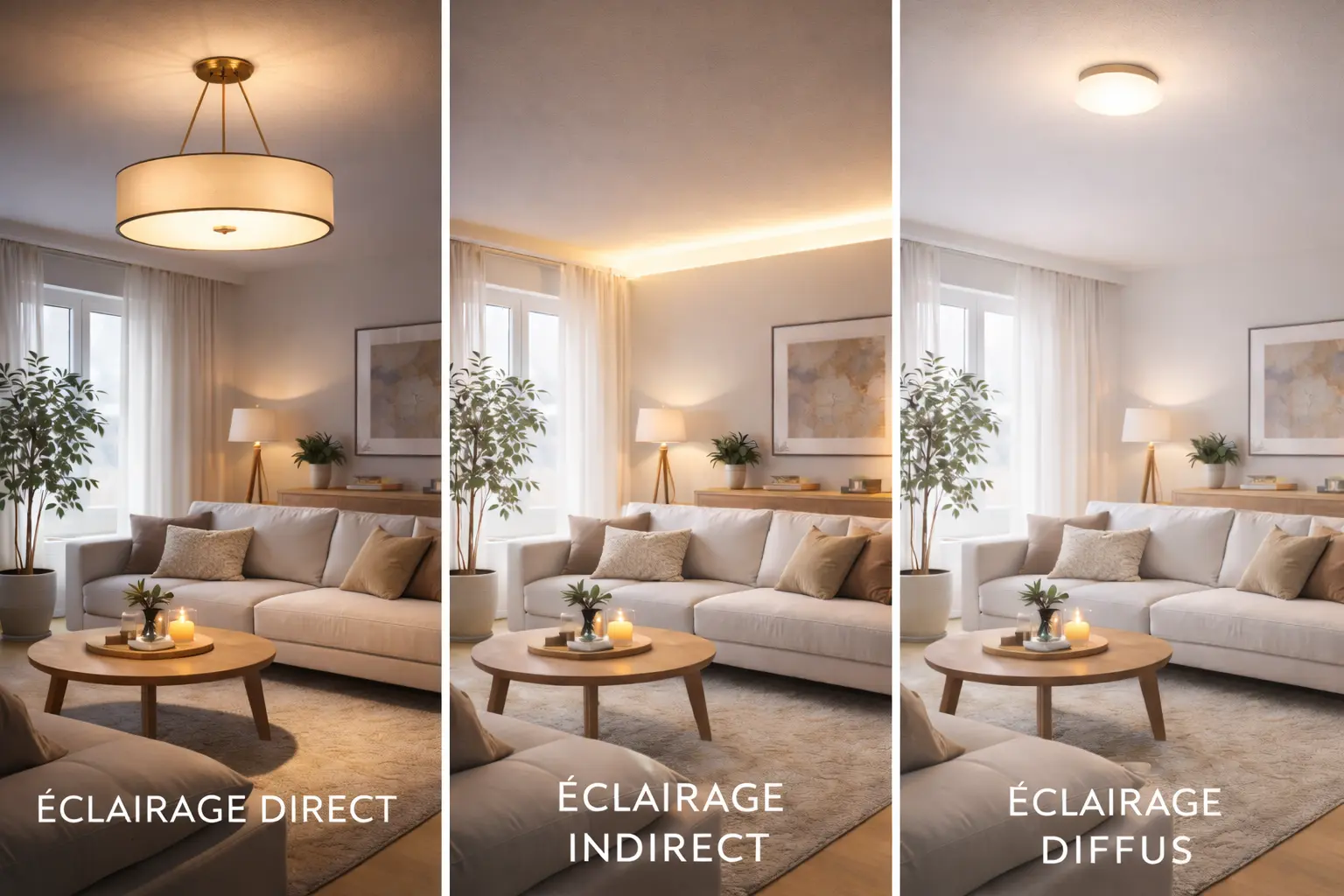 Salle de séjour moderne éclairée: lampe suspendue, éclairage indirect et diffuse, ambiance chaleureuse et conviviale, mobilier beige. Salle de séjour moderne éclairée: lampe suspendue, éclairage indirect et diffuse, ambiance chaleureuse et conviviale, mobilier beige.