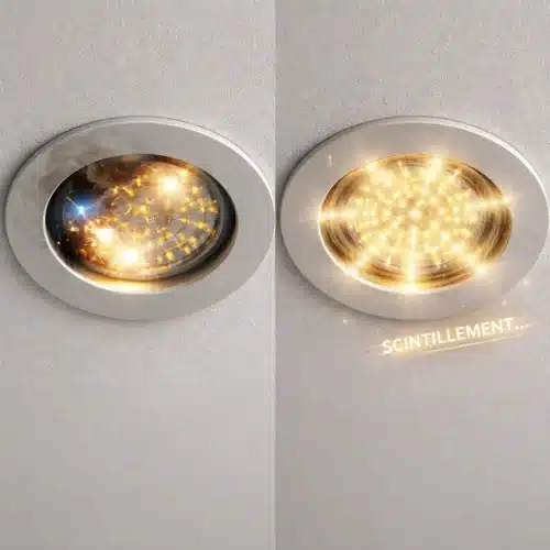 spot LED encastrable défectueux avec surchauffe à gauche et scintillement à droite