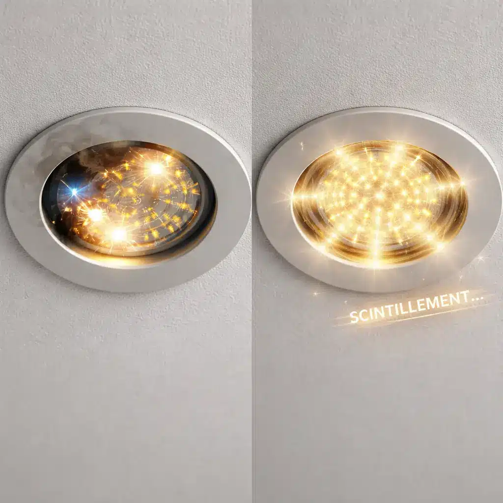 spot LED encastrable défectueux avec surchauffe à gauche et scintillement à droite