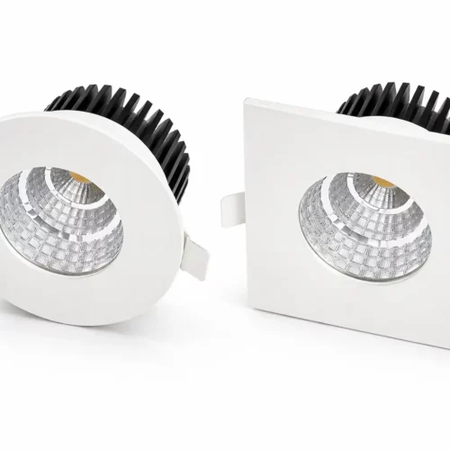 Spots LED encastrables IP65 rond et carré vue 3/4 avec réflecteur aluminium et dissipateur thermique - éclairage salle de bain étanche 12V