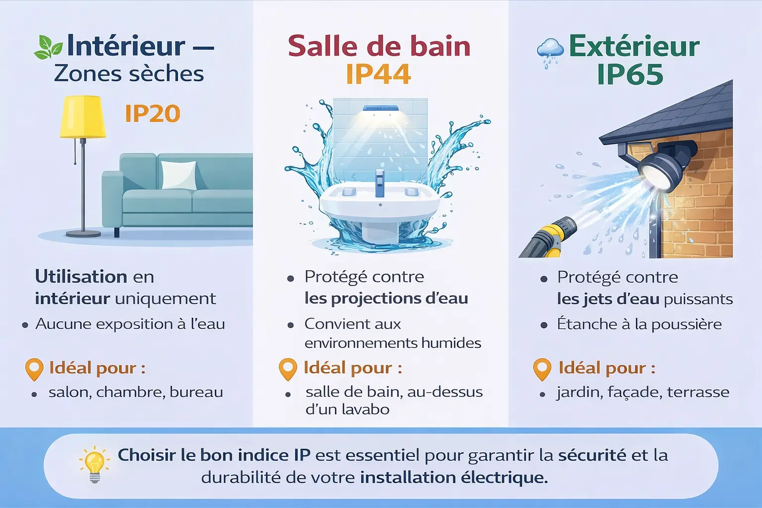 tableau comparatif pour les zones sèches, salle de bain et extérieur