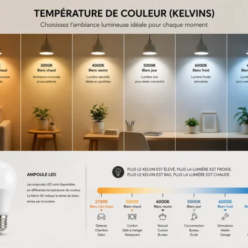 Affiche illustrative sur les températures de couleur Kelvin des ampoules LED, avec gradient de 2700K à 6500K et exemples d’ambiance lumineuse dans chaque zone.
