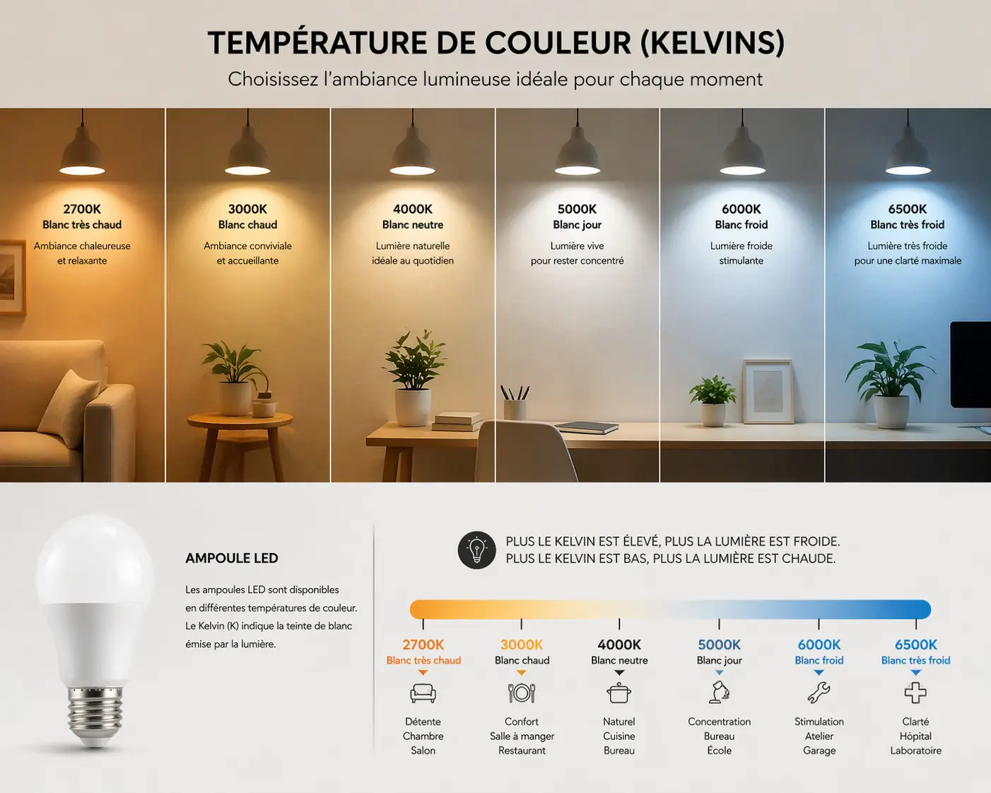 Affiche illustrative sur les températures de couleur Kelvin des ampoules LED, avec gradient de 2700K à 6500K et exemples d’ambiance lumineuse dans chaque zone.