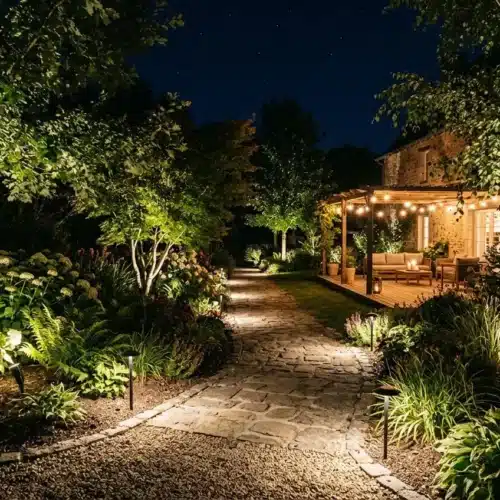 Allée pavée éclairée extérieure entourée de verdure, terrasse lumineuse avec guirlandes et lumières suspendues.