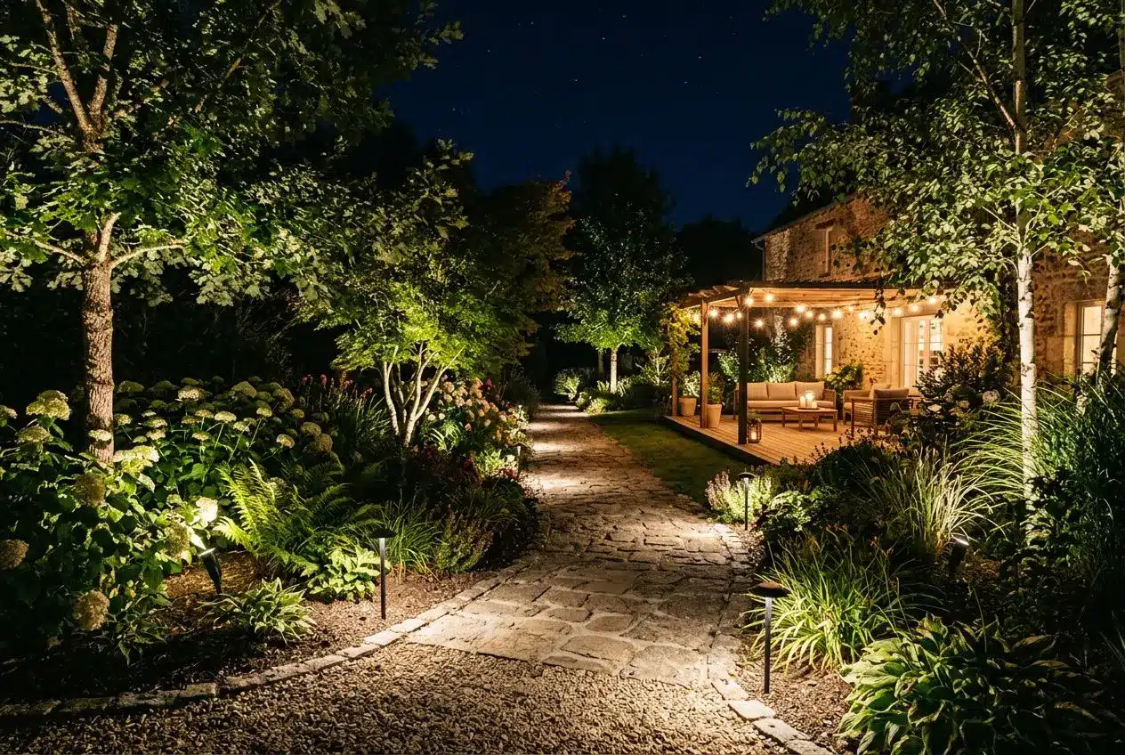 Allée pavée éclairée extérieure entourée de verdure, terrasse lumineuse avec guirlandes et lumières suspendues.