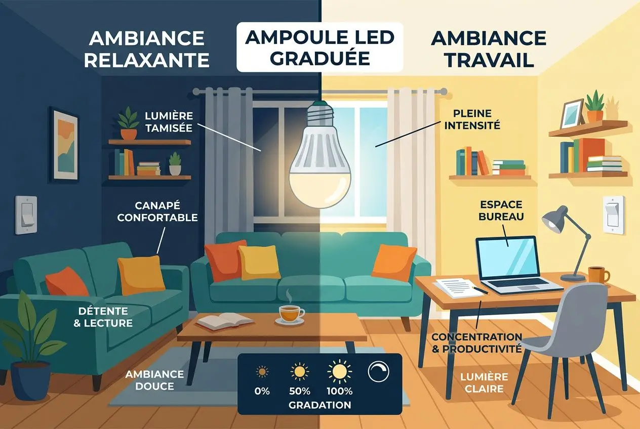 Ambiance moderne avec un luminaire suspendu centré, ambiance relaxation et travail autour d’un canapé vert, bureau et lampe. Ampoule LED graduée, variations de luminosité et utilisation au bureau. ampoule led dimmable c'est quoi: diffusion lumineuse douce à graduée.