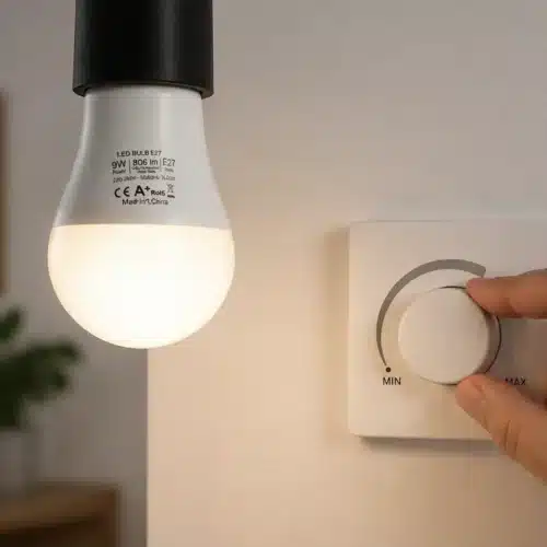 Ampoule LED blanche suspendue près d’un grand bouton de réglage sur une prise murale, en intérieur.