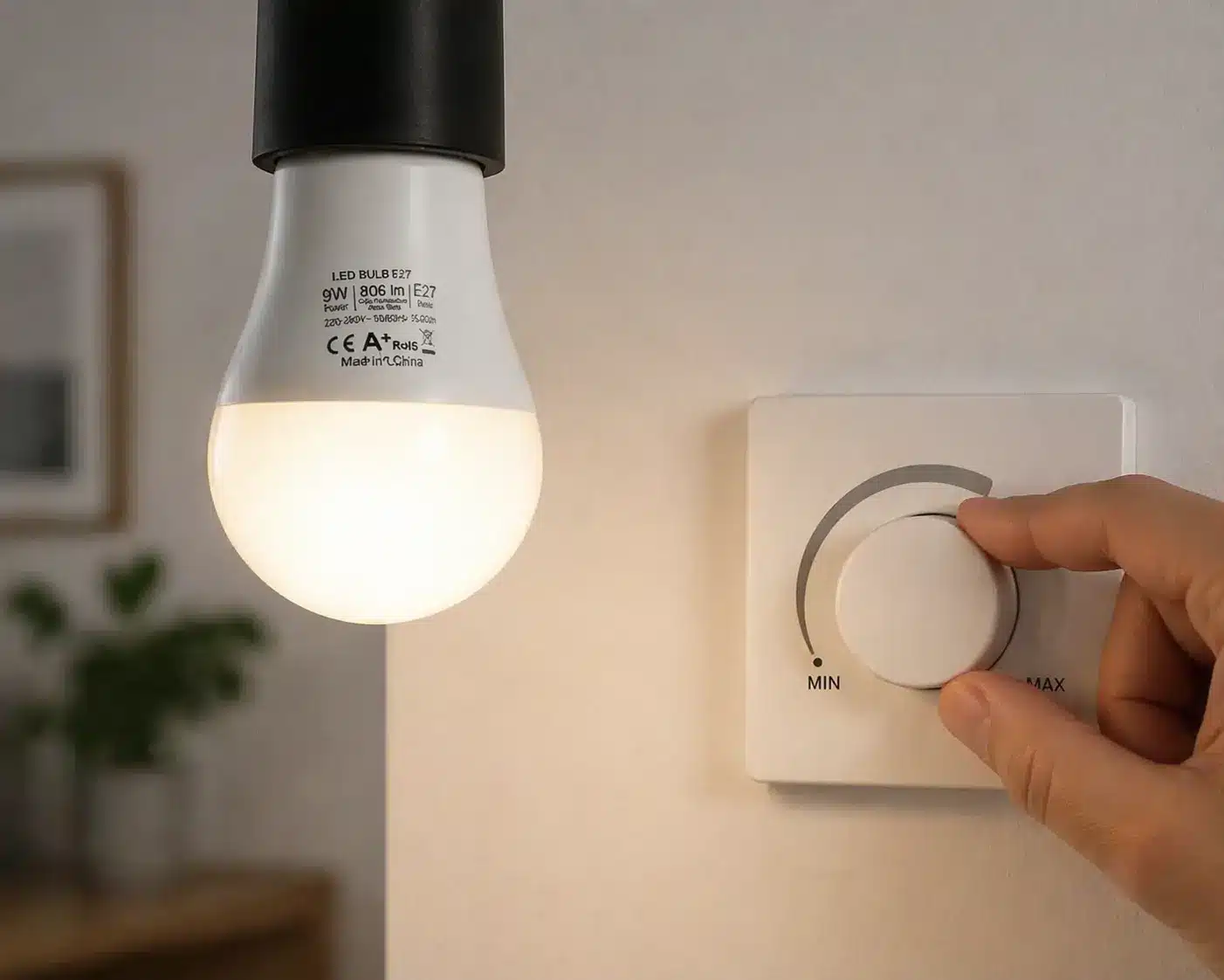Ampoule LED blanche suspendue près d’un grand bouton de réglage sur une prise murale, en intérieur.