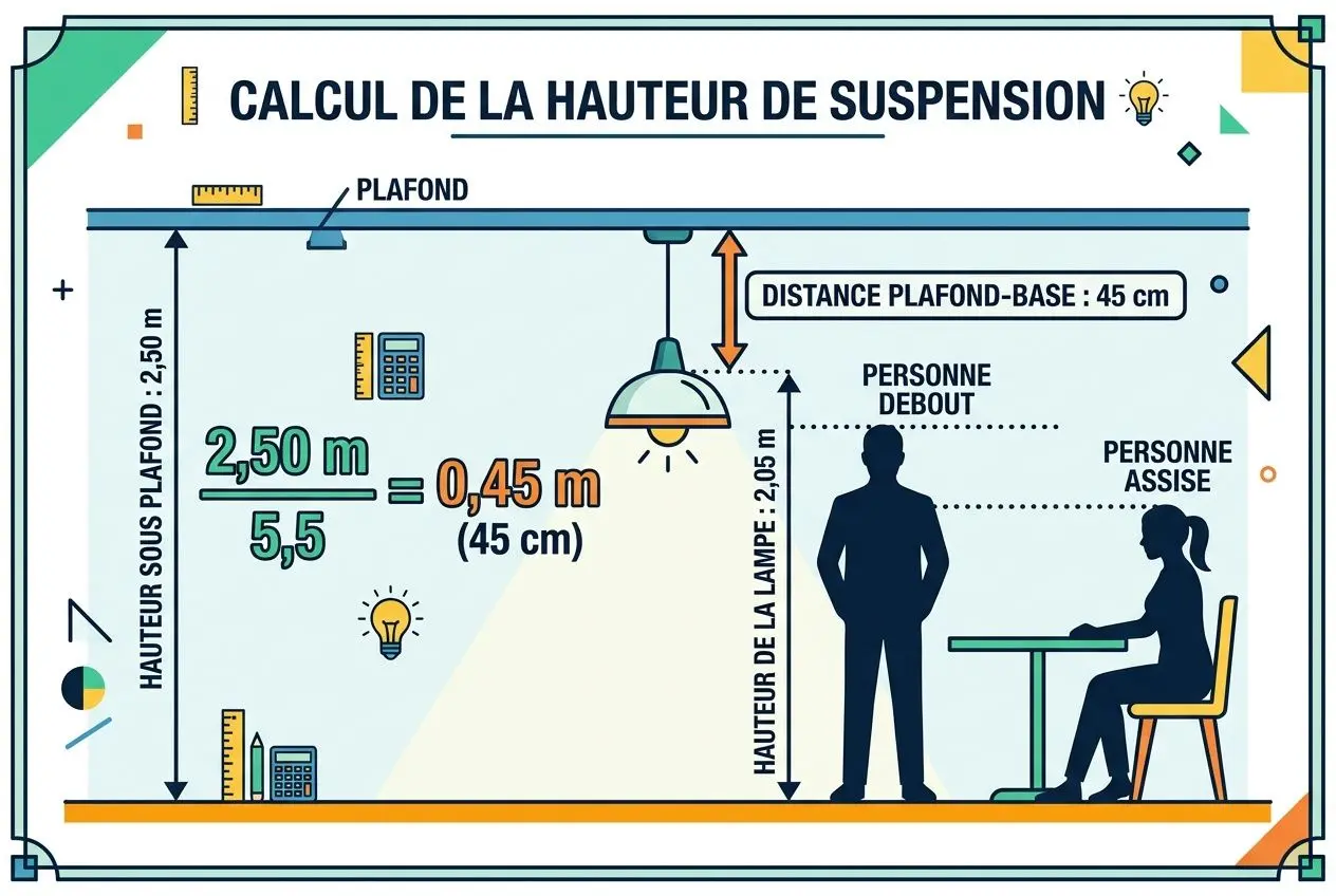 Calcul de la hauteur de suspension d’un luminaire: diagramme montrant hauteur sous plafond, distance lampe et espace personne, avec indicateurs 2,50 m et 2,05 m. hauteur plafond-base 45 cm et table sous plafond. hauteur suspension luminaire adaptée par pièce.