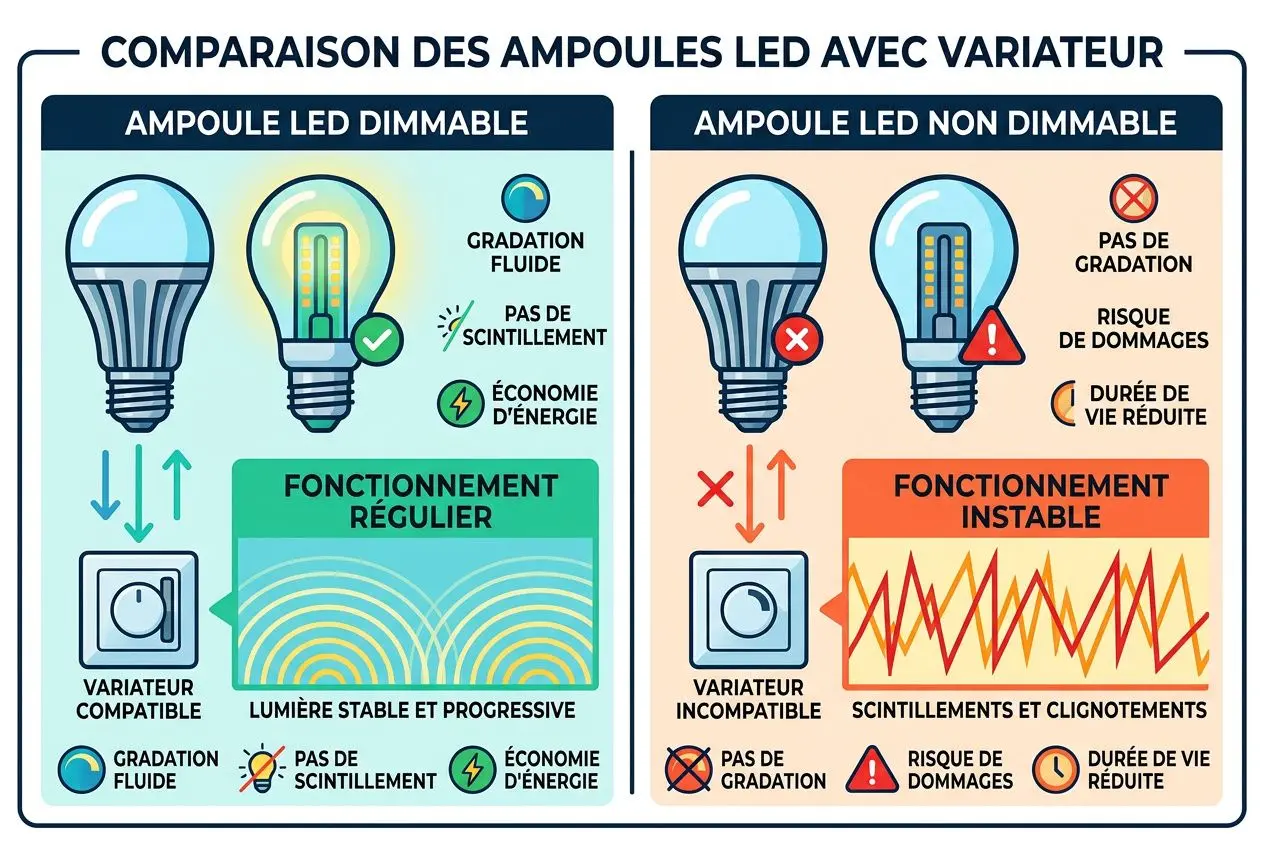 Comparaison des ampoules LED : dimmable vs non dimmable, avec variateur et fonctionnement régulier (gradations, économie d’énergie, lumière stable) et fonctionnement instable (risques de scintillements). ampoule led dimmable c'est quoi intégré naturellement dans la description.