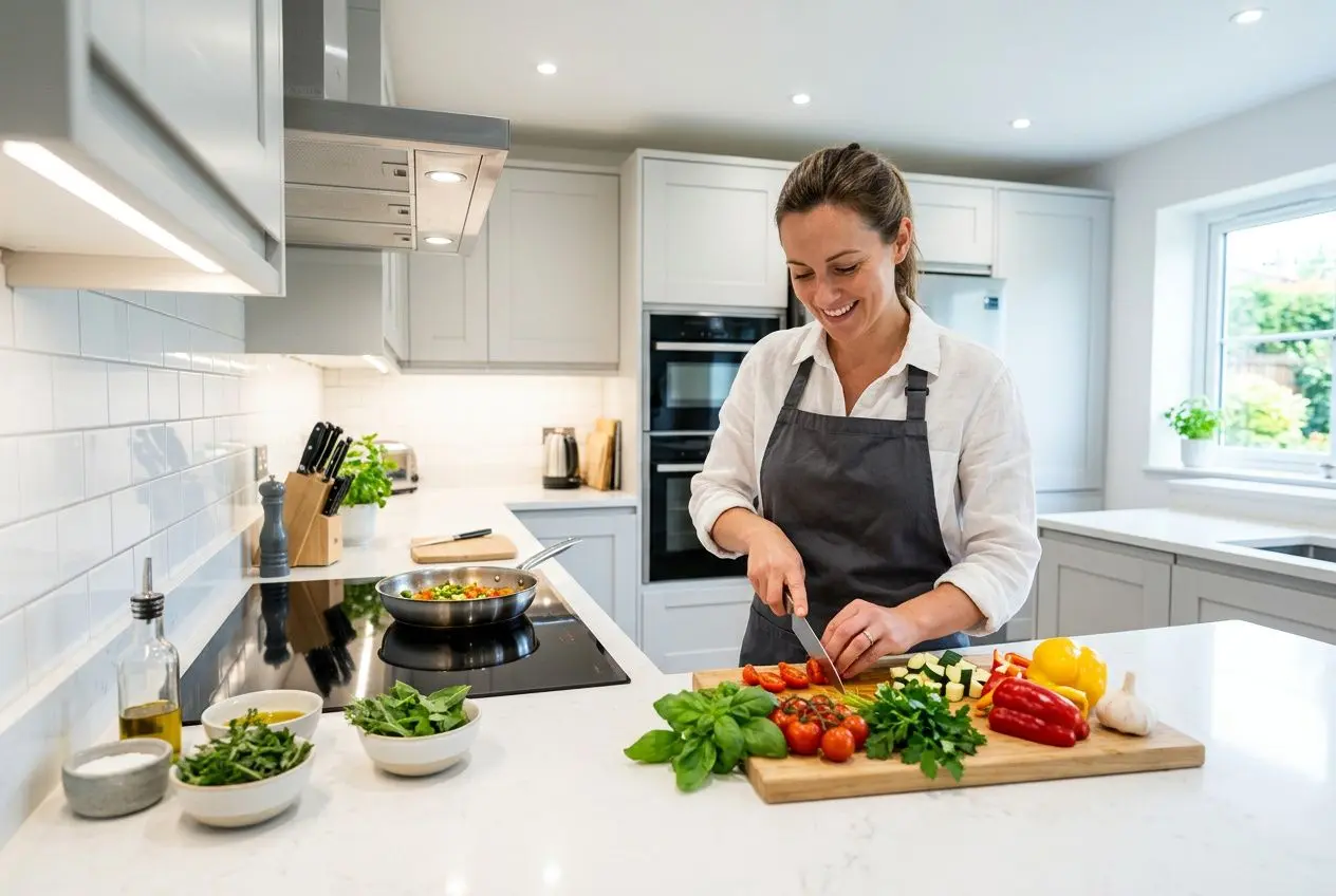 Cuisine lumineuse avec femme en tablier coupant des légumes sur plan de travail; éclairage LED uniforme. Puissance ampoule led pour cuisine adaptée à l’espace.