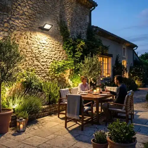 Deux personnes dinent en extérieur devant une maison en pierre, éclairage chaleureux guidant le patio et des luminaires LED extérieurs.