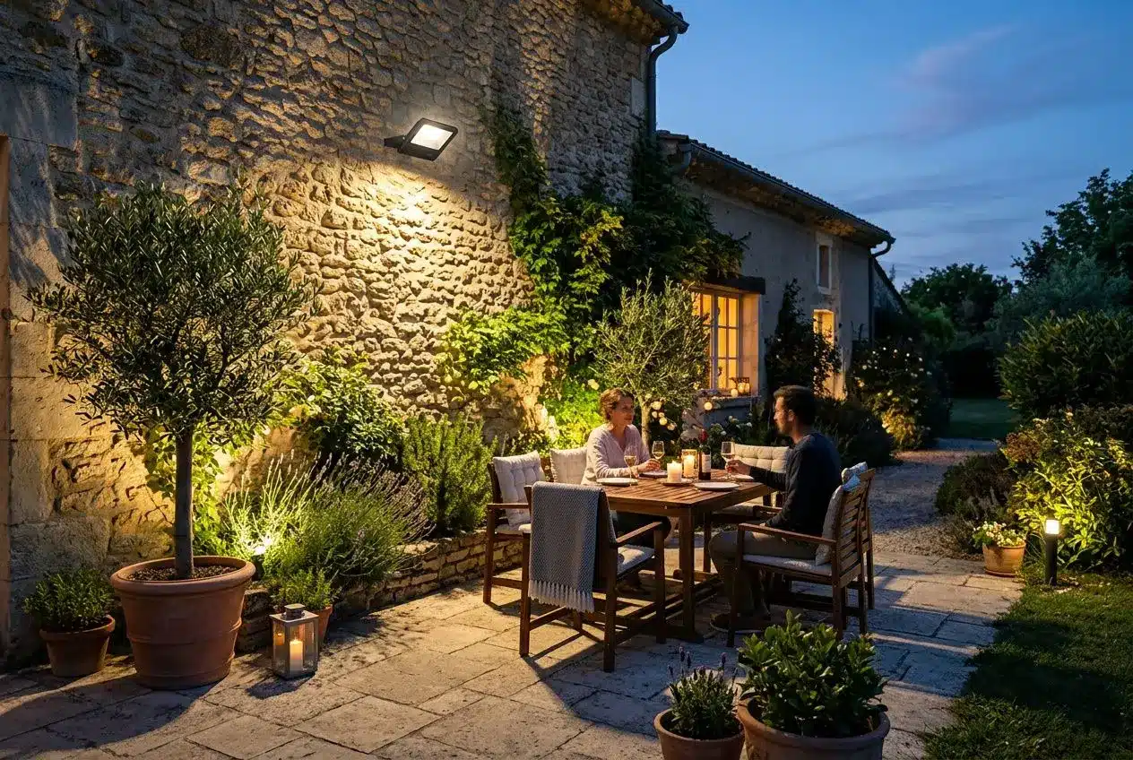 Deux personnes dinent en extérieur devant une maison en pierre, éclairage chaleureux guidant le patio et des luminaires LED extérieurs.