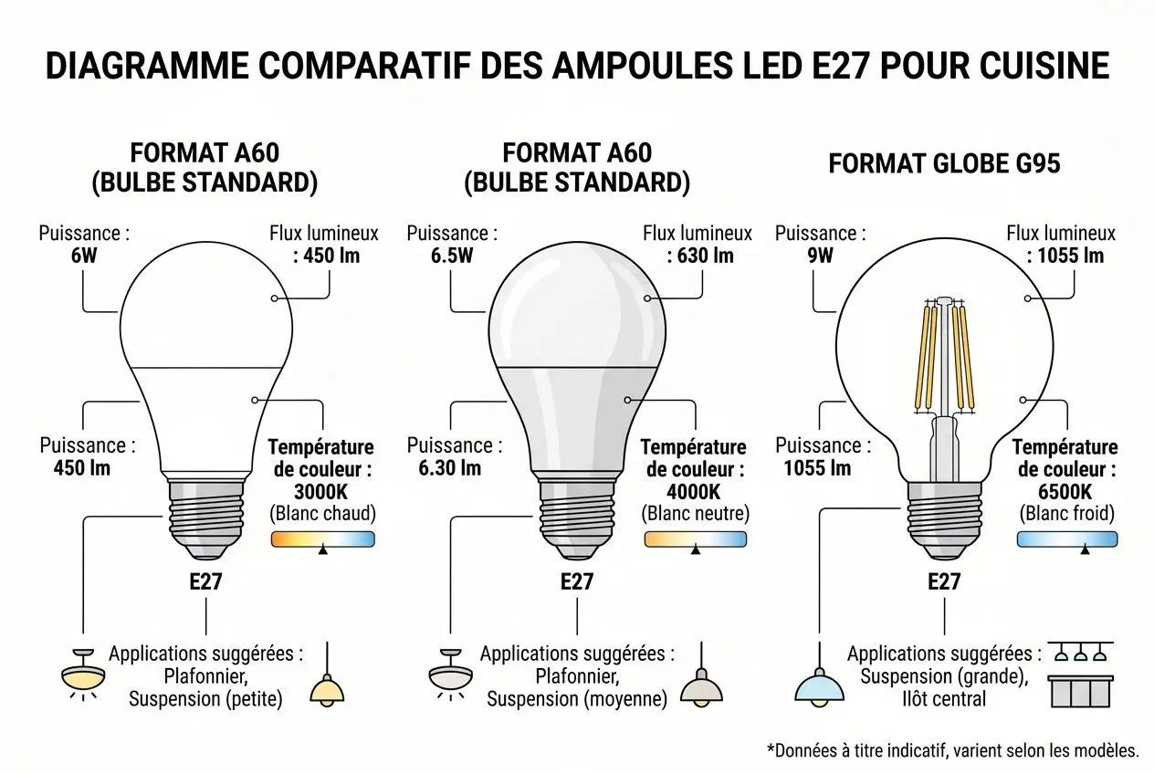 Diagramme comparatif des ampoules LED E27 pour cuisine montrant formats A60 et Globe G95 avec puissances et flux lumineux, et exemples d’applications. Puissance 6W/6.5W/9W selon le modèle, température couleur 3000K (blanc chaud) ou 4000K (blanc neutre) et 6500K (blanc froid). Puissance lumineuse 450–1055 lm selon l’ampoule, éclairages pour plafonnier et plans de travail. Puissance ampoule led pour cuisine.
