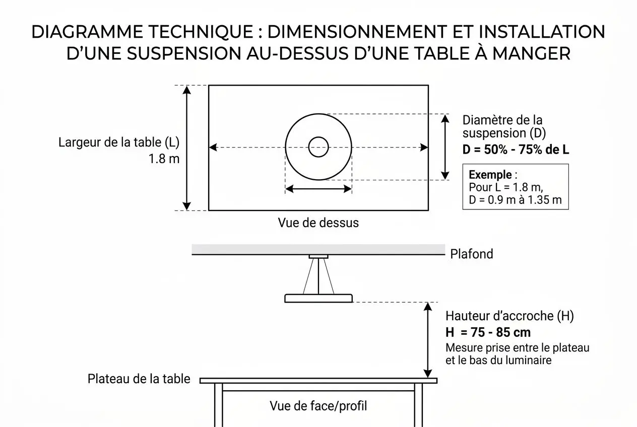 Diagramme technique de dimensionnement et installation d’une suspension luminaire salle à manger moderne au-dessus d’une table, avec mesures et vue de dessus/face.