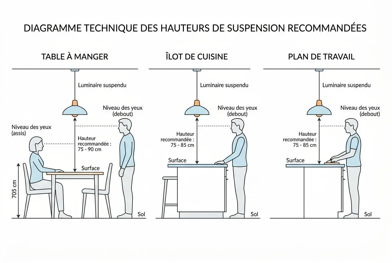 Diagramme technique des hauteurs de suspension recommandées: tables à manger, îlot de cuisine et plan de travail avec luminaire suspendu et niveaux des yeux. Hauteurs suggérées visibles.