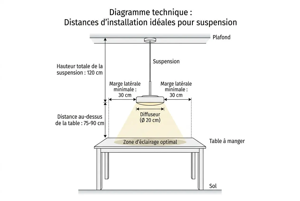 Diagramme technique montrant les distances d’installation idéales pour une suspension LED au-dessus d’une table à manger, avec hauteur totale, marge latérale et zone d’éclairage.