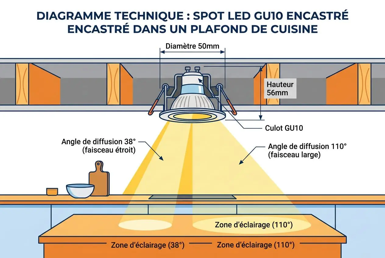 Diagramme technique montrant une lampe plafonnier encastrée GU10 éclairant une zone de cuisine avec diffusion lumineuse en zones 38° et 110°, et plan de travail. Puissance ampoule led pour cuisine non explicitée mais implicite.
