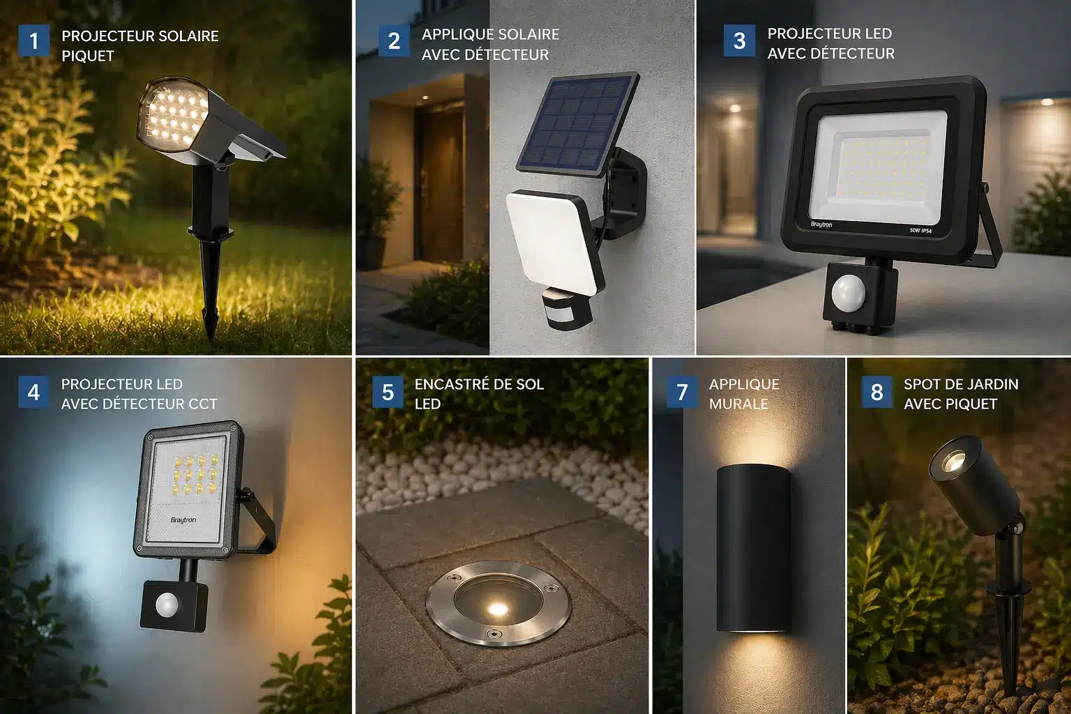 Dispositifs d’éclairage extérieurs LED en collage de 8 blocs: projecteurs solaires, appliques et spots avec détecteurs, encastré et mobilier mural, éclairage jardin et sol.
