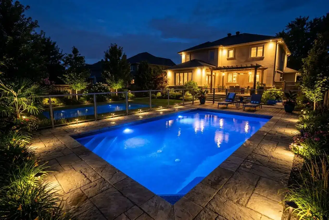 Éclairage piscine jardin : vue nocturne d’une piscine illuminée, entourée de terrasse en pierre et d’un jardin éclairé, avec maison lumineuse en arrière-plan. éspérons l’intégration: éclairage piscine jardin normes.