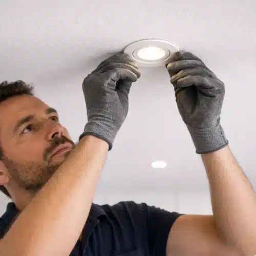 Électricien posant une ampoule LED encastrable dans le plafond, ganté, dans une pièce lumineuse.