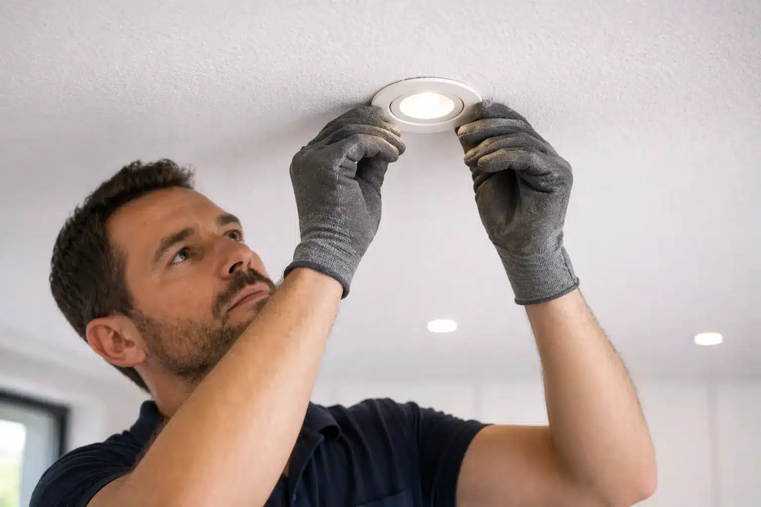 Électricien posant une ampoule LED encastrable dans le plafond, ganté, dans une pièce lumineuse.