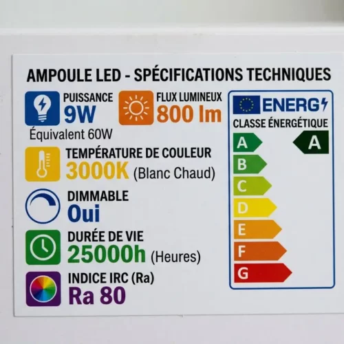 Étiquette d'une ampoule LED détaillant ses caractéristiques techniques