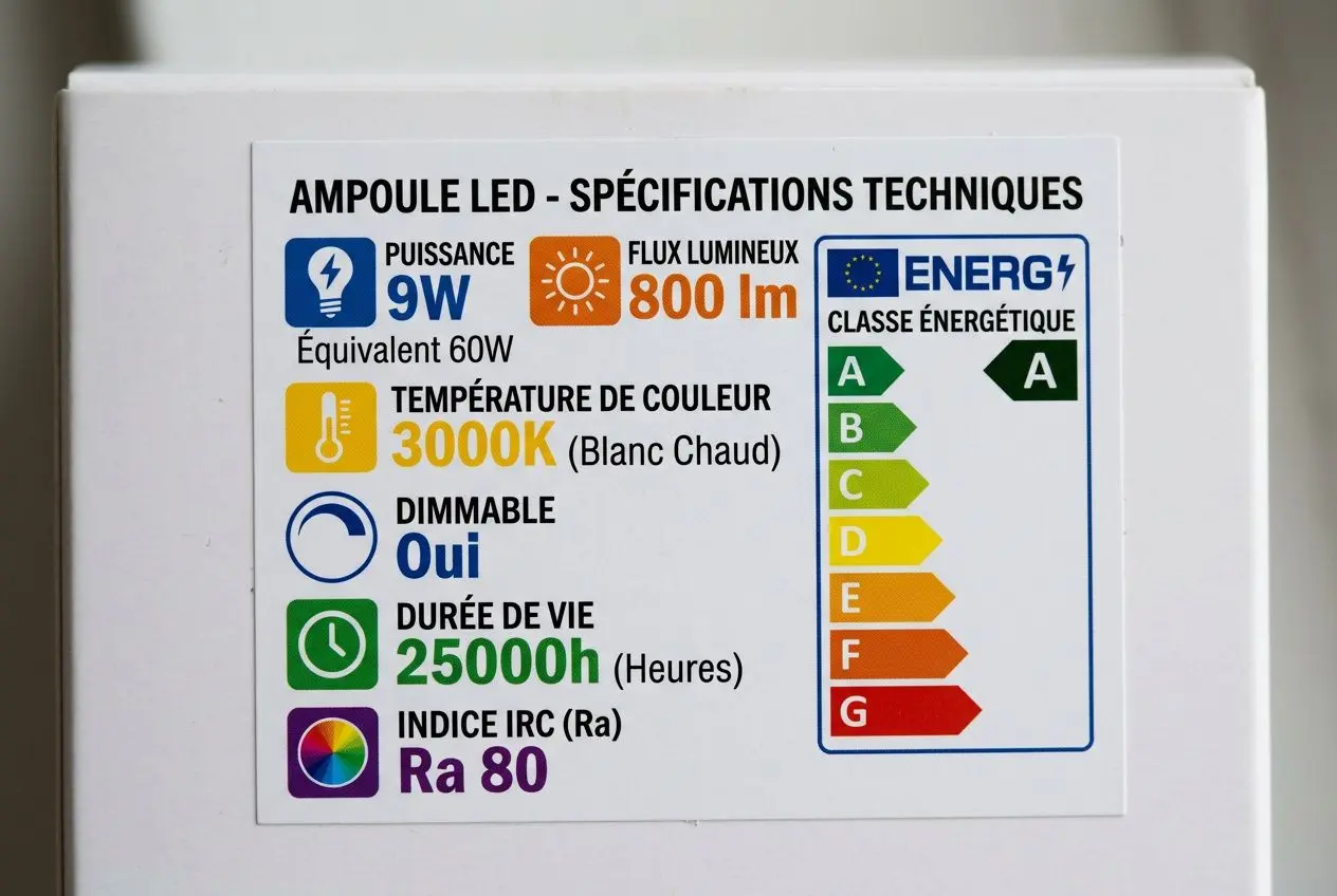 Étiquette d'une ampoule LED détaillant ses caractéristiques techniques