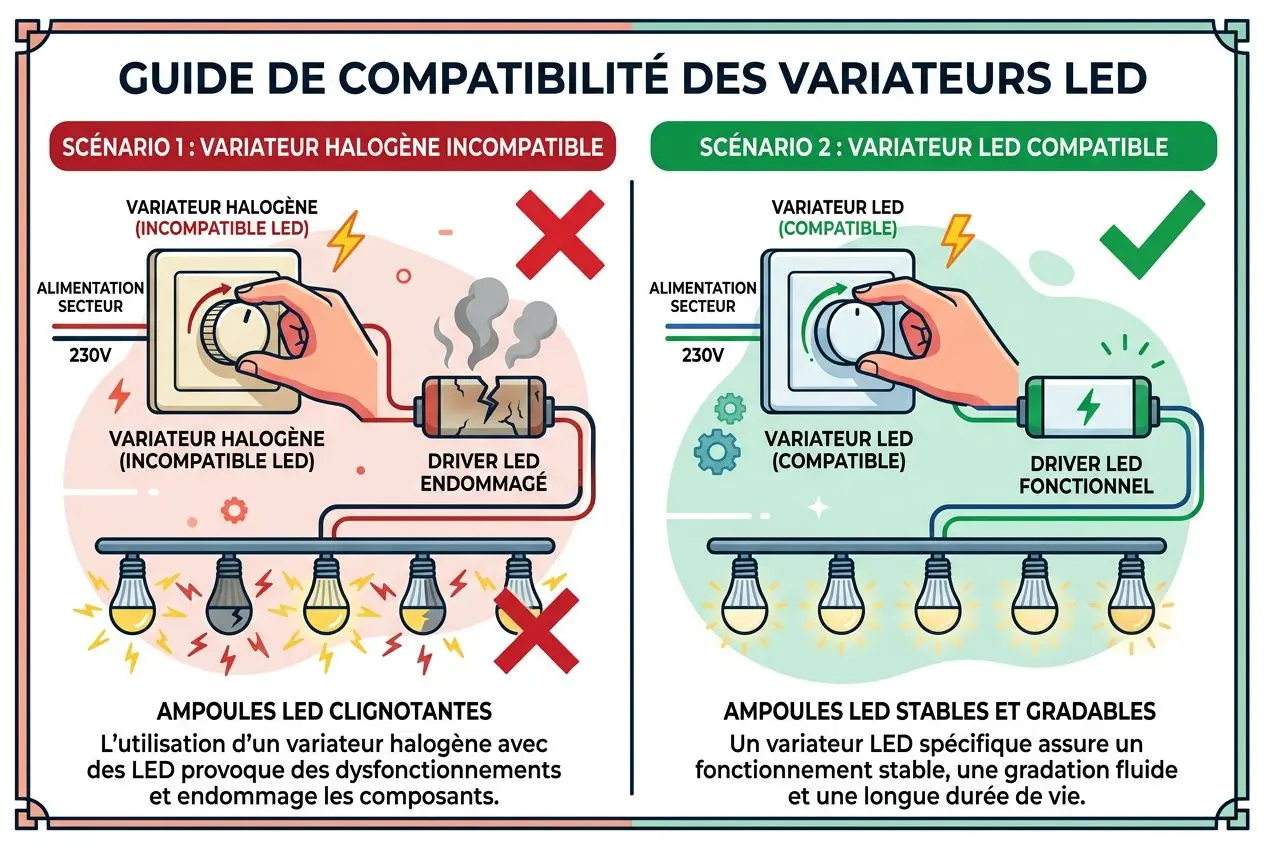 Guide de compatibilité des variateurs LED: illustration montrant un variateur halogène incompatible et un variateur LED compatible avec des ampoules LED clignotantes.