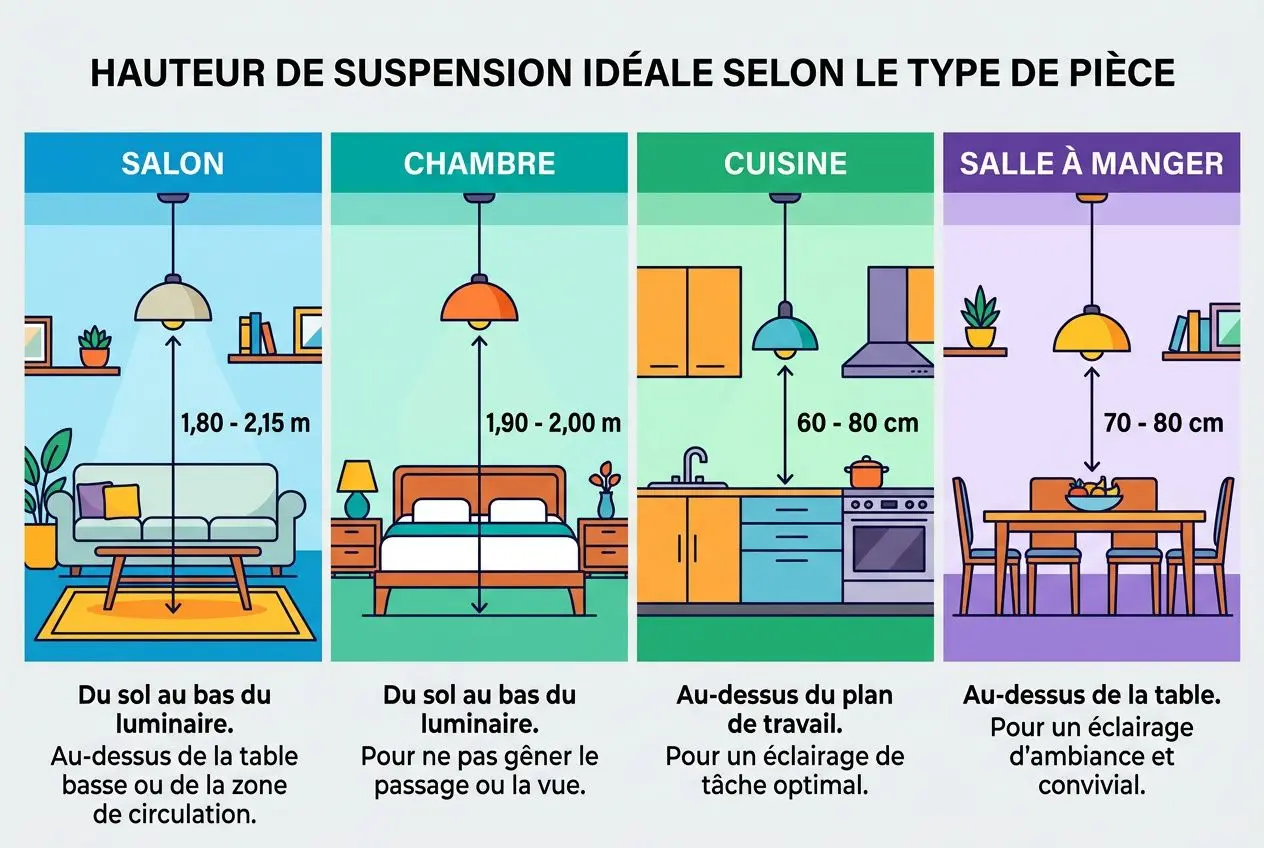 Hauteur de suspension idéale selon la pièce, illustrant salon, chambre, cuisine et salle à manger avec différents niveaux et styles.