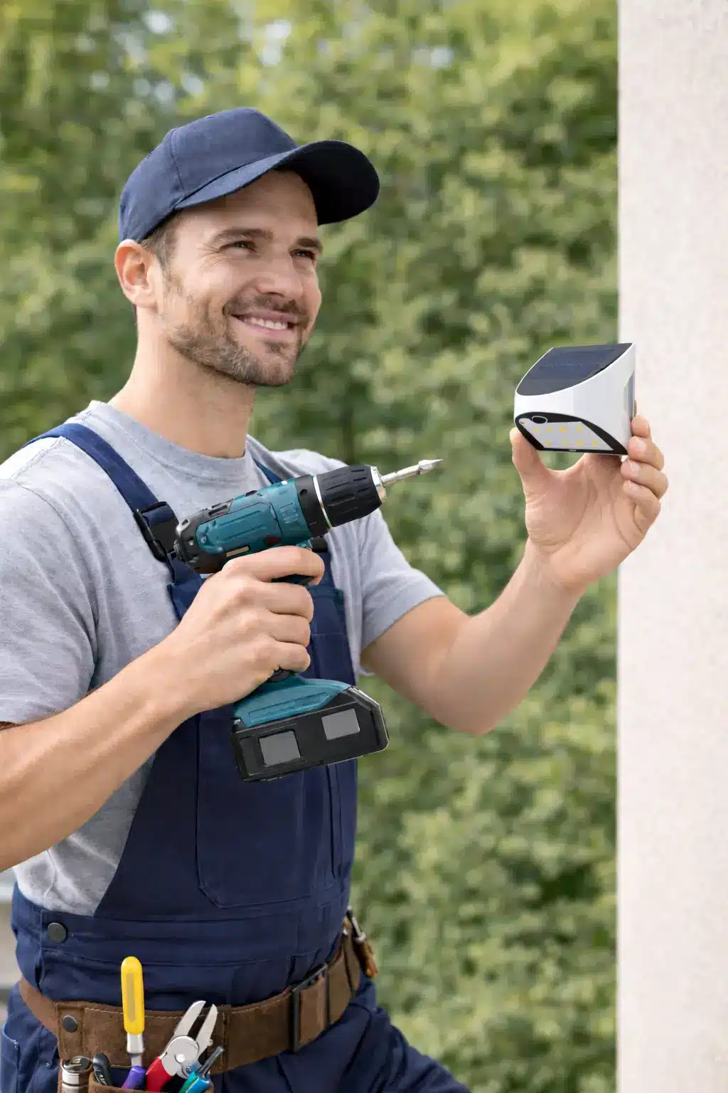 Homme artisan portant une casquette et salopette bleue, tenant une perceuse sans fil et un projecteur LED extérieur, prêt à installer.