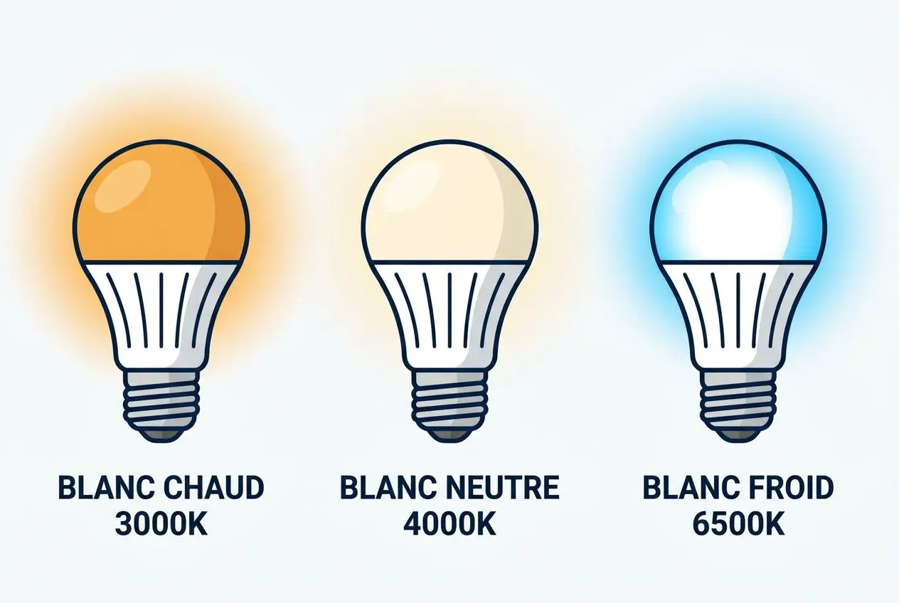 L’illustration montre trois ampoules LED avec des températures de couleur lumineuse: blanc chaud 3000K, blanc neutre 4000K et blanc froid 6500K. temperature couleur lumière blanche intégrée.