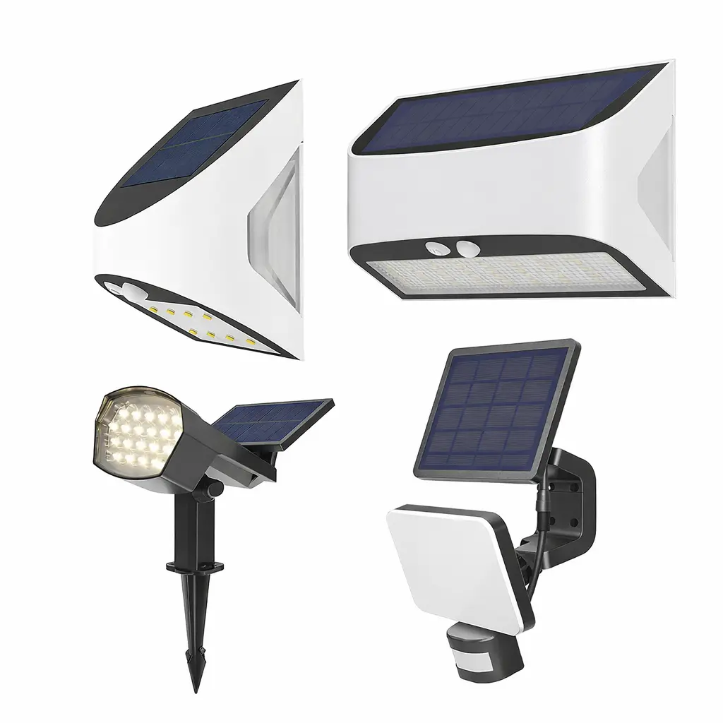 Lot d’équipements d’éclairage LED et solaire: projecteurs solaires, lampes LED et détecteur solaire pour extérieur.