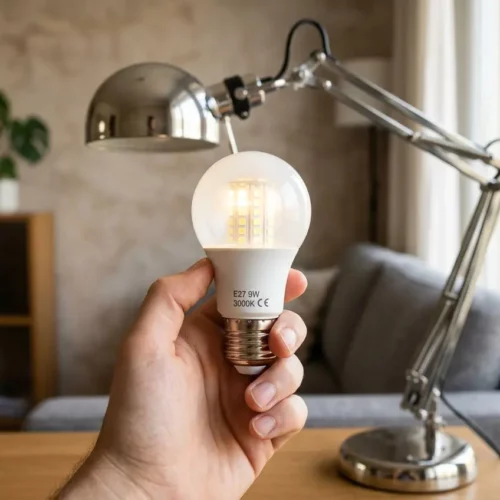 Main subject: ampoule LED tenue dans la main près d’une lampe de bureau, éclairage chaud et poste de travail en arrière-plan. Intégration du mot-clé: "lampe led ne fonctionne" intégré naturellement: "Lampe led ne fonctionne plus" pourrait être mentionné mais image ne montre pas l'état; décrire objet: "ampoule LED tenue…" Inclure le keyword si naturel: "amorce d’un diagnostic: lampe led ne fonctionne"—mais risque d'inventer état. Proposition finale: Ampoule LED tenue dans la main près d’une lampe de bureau, éclairage chaud, ambiance intérieure.