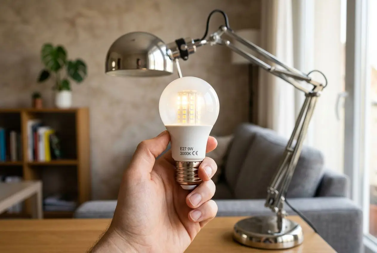 Main subject: ampoule LED tenue dans la main près d’une lampe de bureau, éclairage chaud et poste de travail en arrière-plan. Intégration du mot-clé: "lampe led ne fonctionne" intégré naturellement: "Lampe led ne fonctionne plus" pourrait être mentionné mais image ne montre pas l'état; décrire objet: "ampoule LED tenue…" Inclure le keyword si naturel: "amorce d’un diagnostic: lampe led ne fonctionne"—mais risque d'inventer état. Proposition finale: Ampoule LED tenue dans la main près d’une lampe de bureau, éclairage chaud, ambiance intérieure.