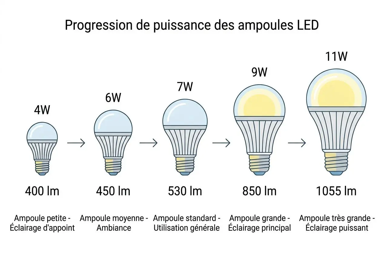 Progression de puissance des ampoules LED: 4W (400 lm) → 6W (450 lm) → 7W (530 lm) → 9W (850 lm) → 11W (1055 lm). Puissance ampoule pour salon illustrée.