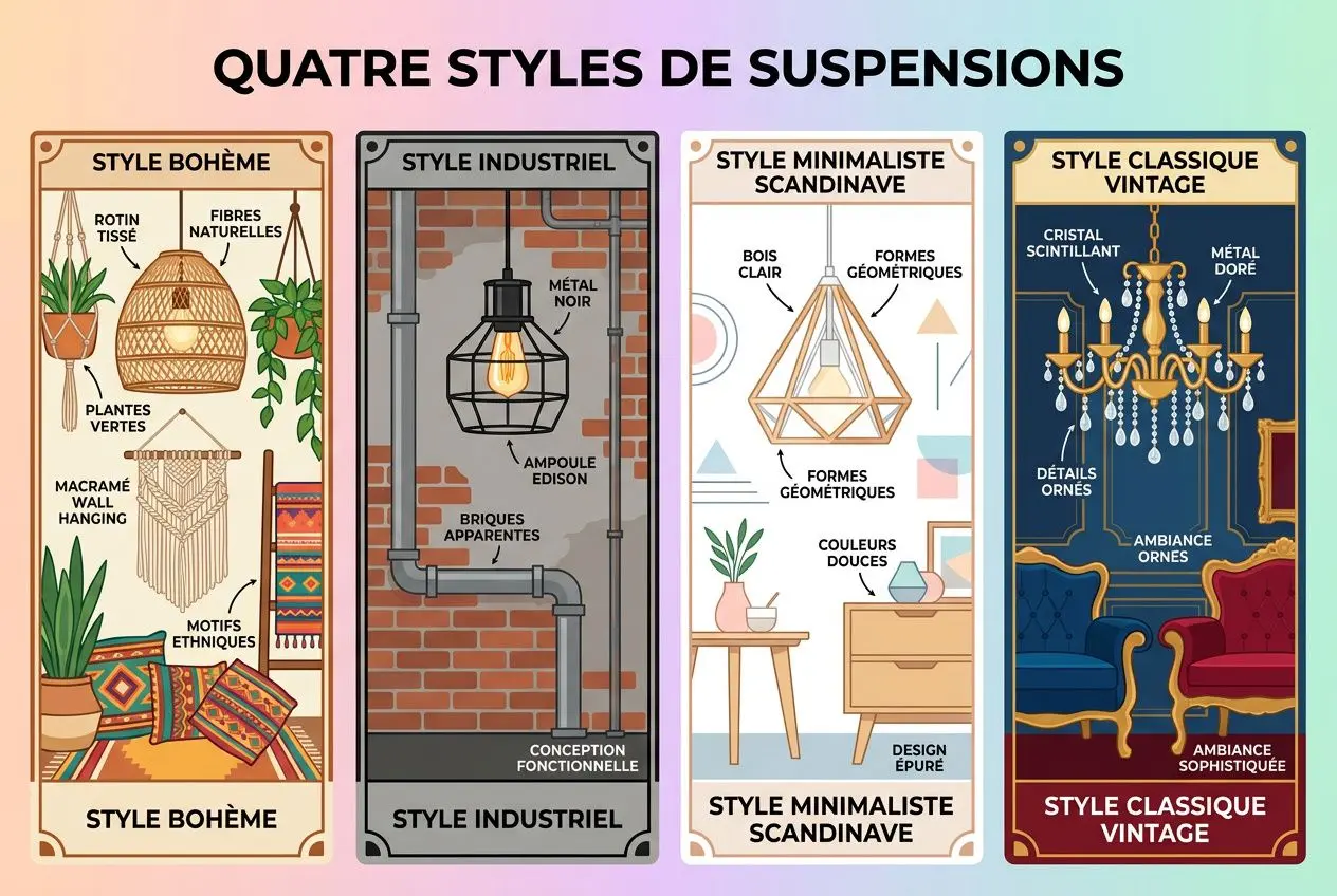 Quatre styles de suspensions affichés: bohème, industriel, minimaliste scandinave et classique vintage, chacun avec des détails visuels et ambiances distinctes.