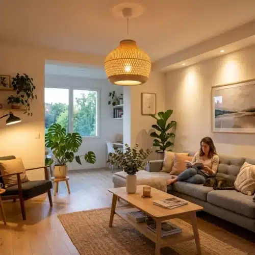 Salon lumineux et chaleureux avec canapé gris, table basse, plantes et lumière naturelle. Puissance ampoule pour salon intégrée de façon fluide: éclairage cosy et fonctionnel autour du canapé et des coins lecture.