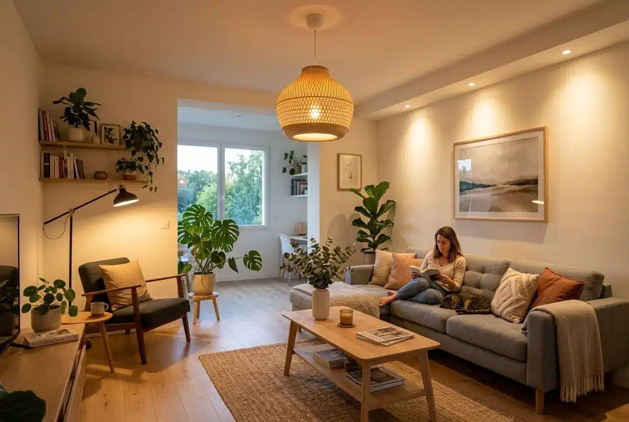 Salon lumineux et chaleureux avec canapé gris, table basse, plantes et lumière naturelle. Puissance ampoule pour salon intégrée de façon fluide: éclairage cosy et fonctionnel autour du canapé et des coins lecture.