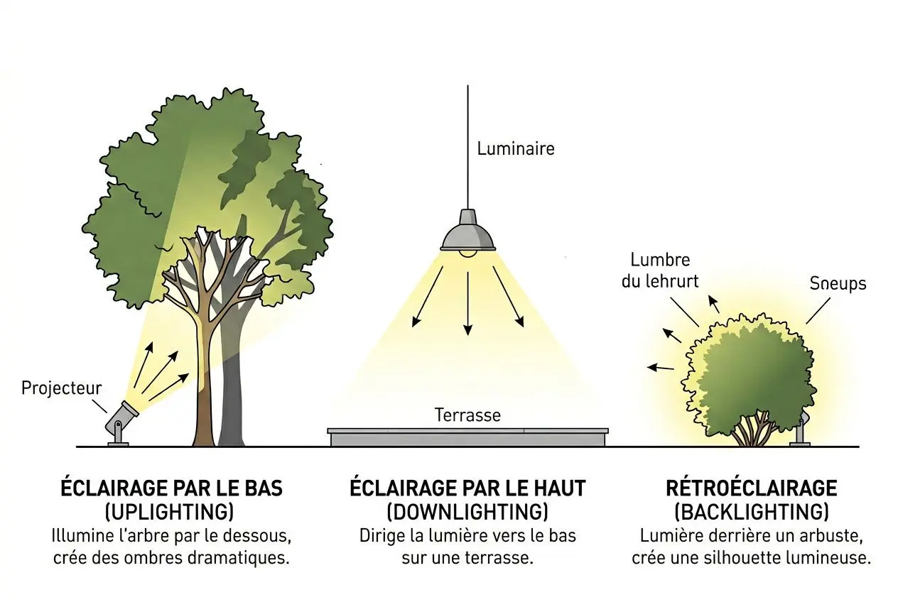 Schéma d’éclairage extérieur: éclairage par le bas pour l’arbre, éclairage par le haut sous la terrasse et rétroéclairage d’un arbuste pour créer une silhouette lumineuse. Comment éclairer son jardin intégrant les notions de downlighting et uplighting.