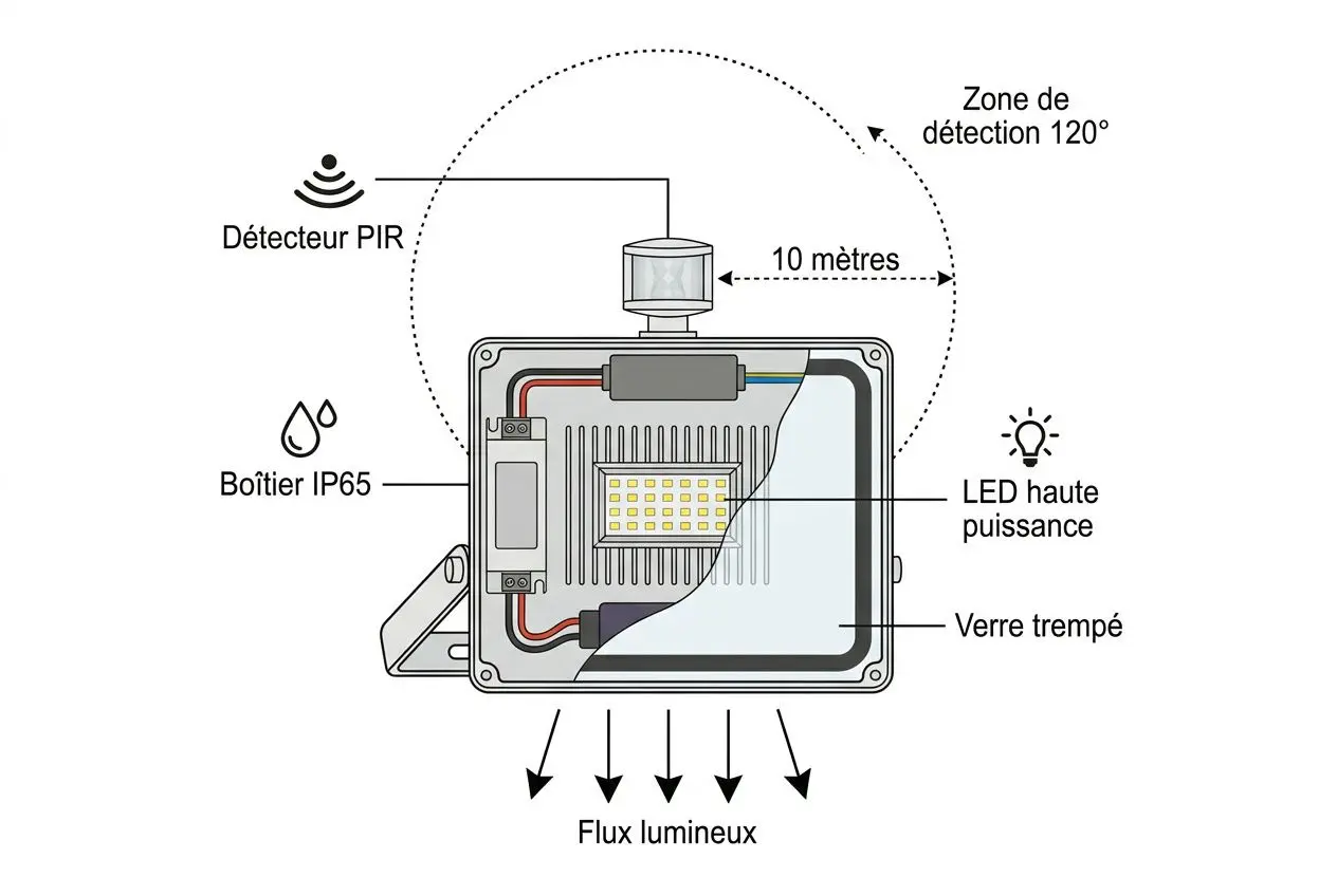 Schéma montrant un projecteur extérieur avec détecteur PIR, boîtier IP65, verre trempé, LED haute puissance et flux lumineux dirigé sur une zone de détection de 120°.