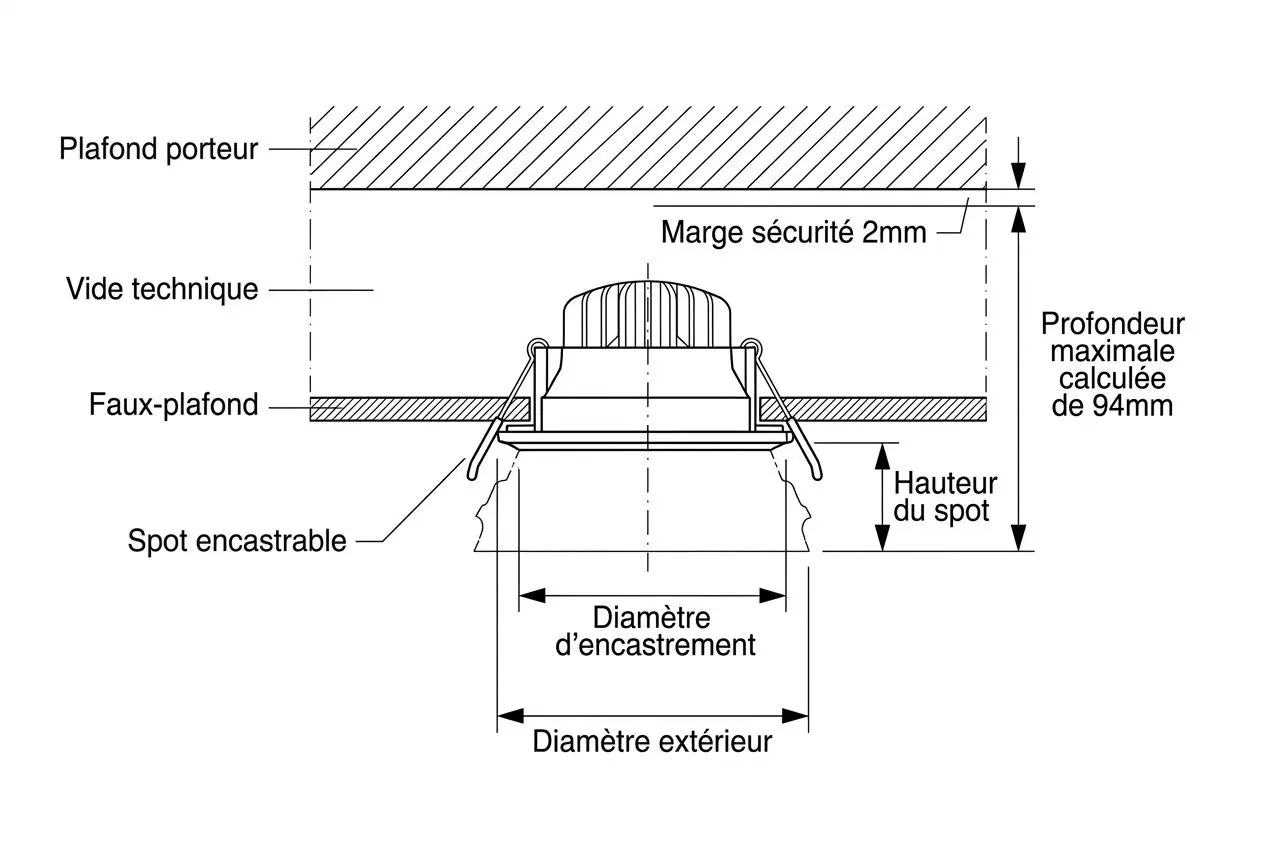 Schéma technique d’un spot encastrable montrant les dimensions: hauteur, profondeur maximale, diamètre d’encastrement et foyer, avec marges et profondeur du faux-plafond.