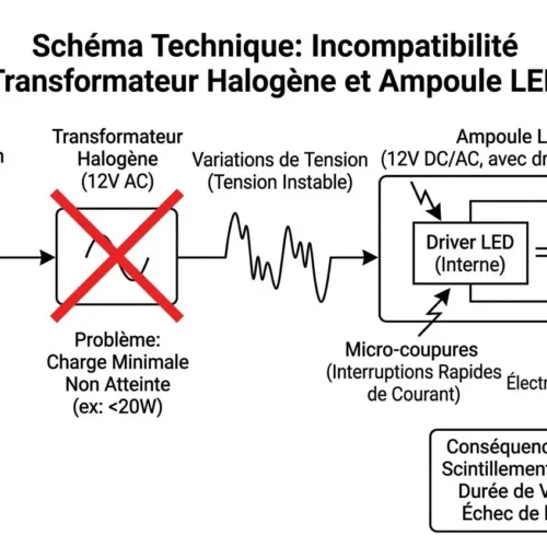 Schéma technique montrant l’incompatibilité entre transformateur Halogène et ampoule LED, avec flèche et marqueur rouge, et un bouton LED interne en détail. Utilisation d’un texte sur des causes et conséquences (clignotement, vie réduite). mot-clé intégré: spot led qui clignote pourquoi.