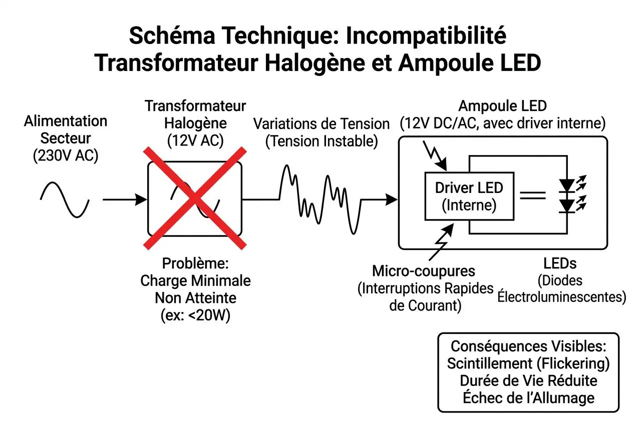 Schéma technique montrant l’incompatibilité entre transformateur Halogène et ampoule LED, avec flèche et marqueur rouge, et un bouton LED interne en détail. Utilisation d’un texte sur des causes et conséquences (clignotement, vie réduite). mot-clé intégré: spot led qui clignote pourquoi.
