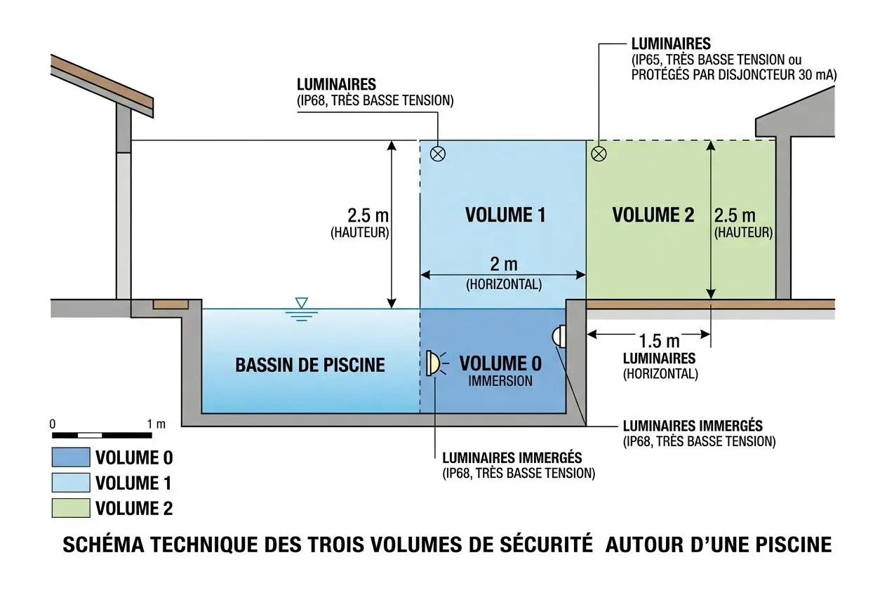 Schéma technique des trois volumes de sécurité autour d’une piscine avec luminaires et mesures (2,5 m, 1,5 m) illustrant les normes d’éclairage piscine jardin normes et emplacements des luminaires.